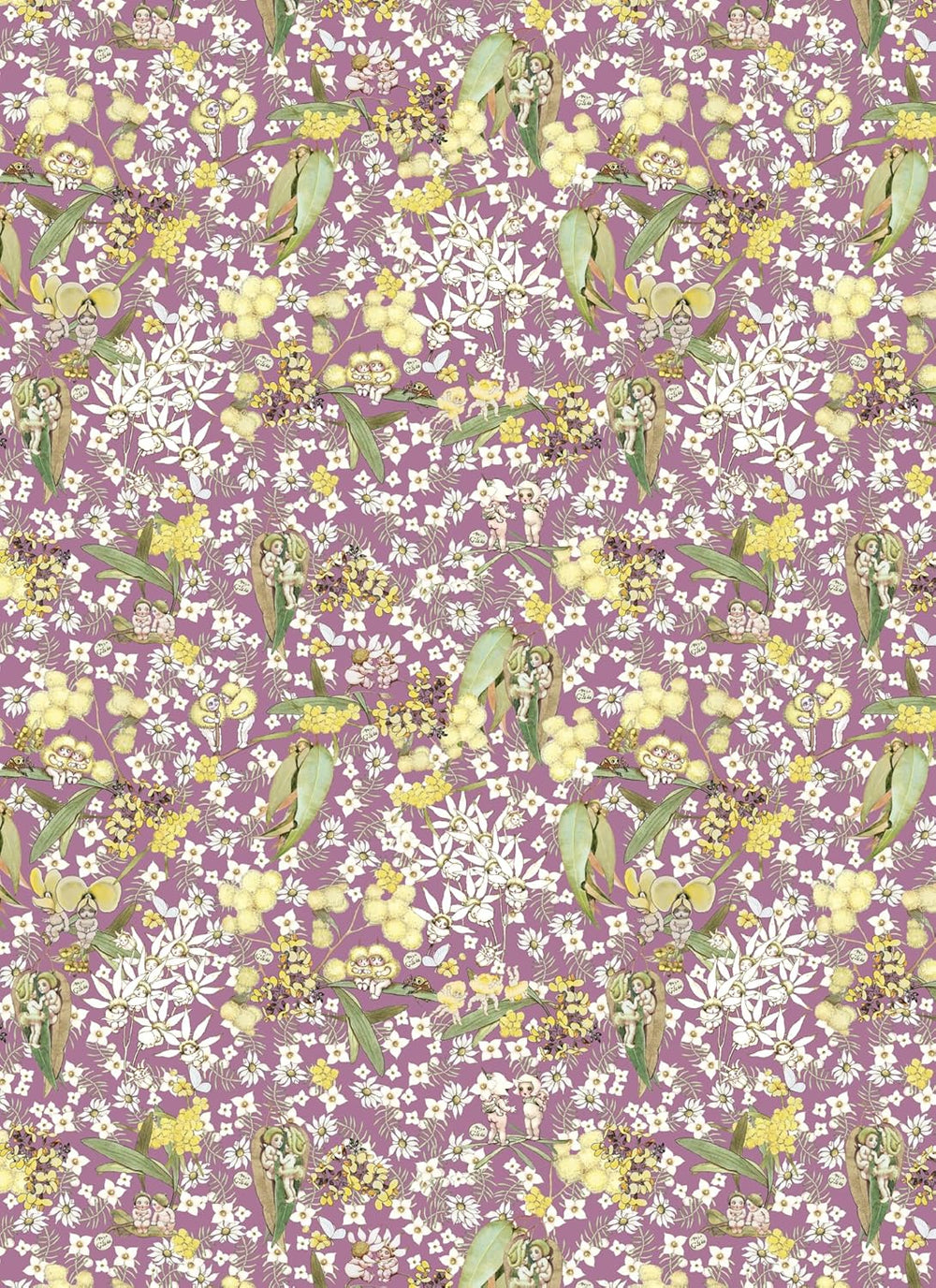 Floral pattern with yellow, green, and white flowers on a purple background