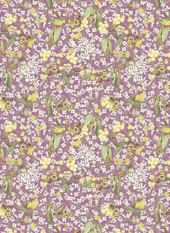 Floral pattern with yellow, green, and white flowers on a purple background