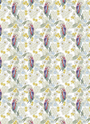 Pattern of parrots and flowers on a white background
