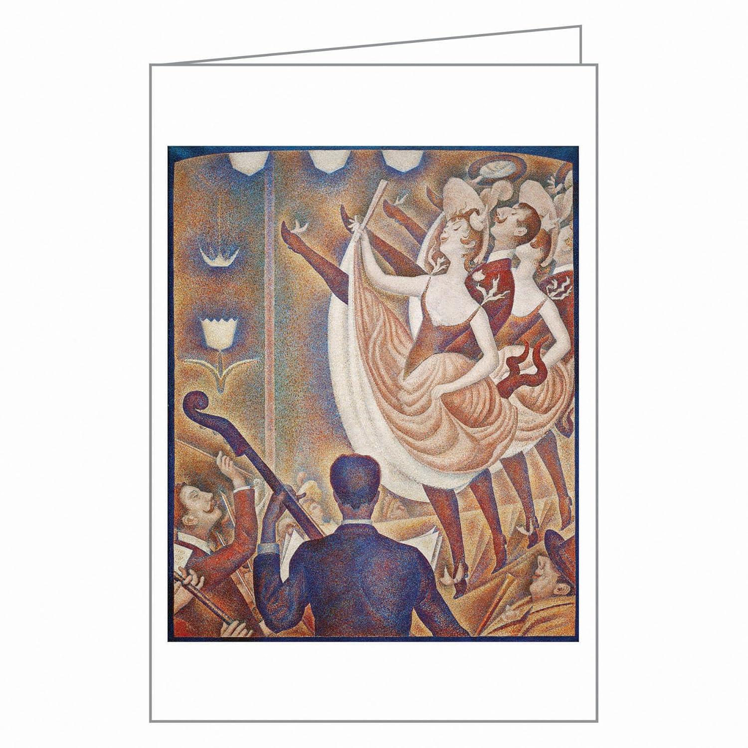 Vintage-style greeting card with a colorful illustration of a woman in a dress and a man playing a guitar.