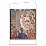 Vintage-style greeting card with a colorful illustration of a woman in a dress and a man playing a guitar.
