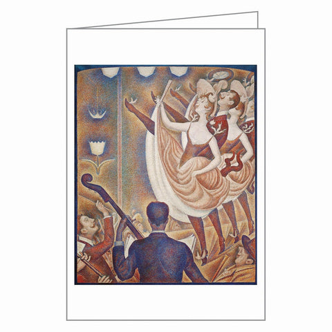 Vintage-style greeting card with a colorful illustration of a woman in a dress and a man playing a guitar.