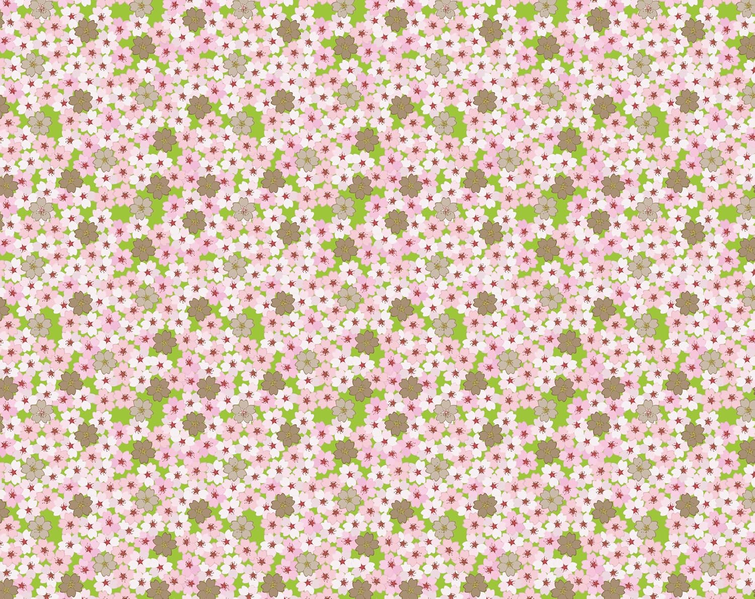 Pattern of small pink flowers and green leaves on a white background