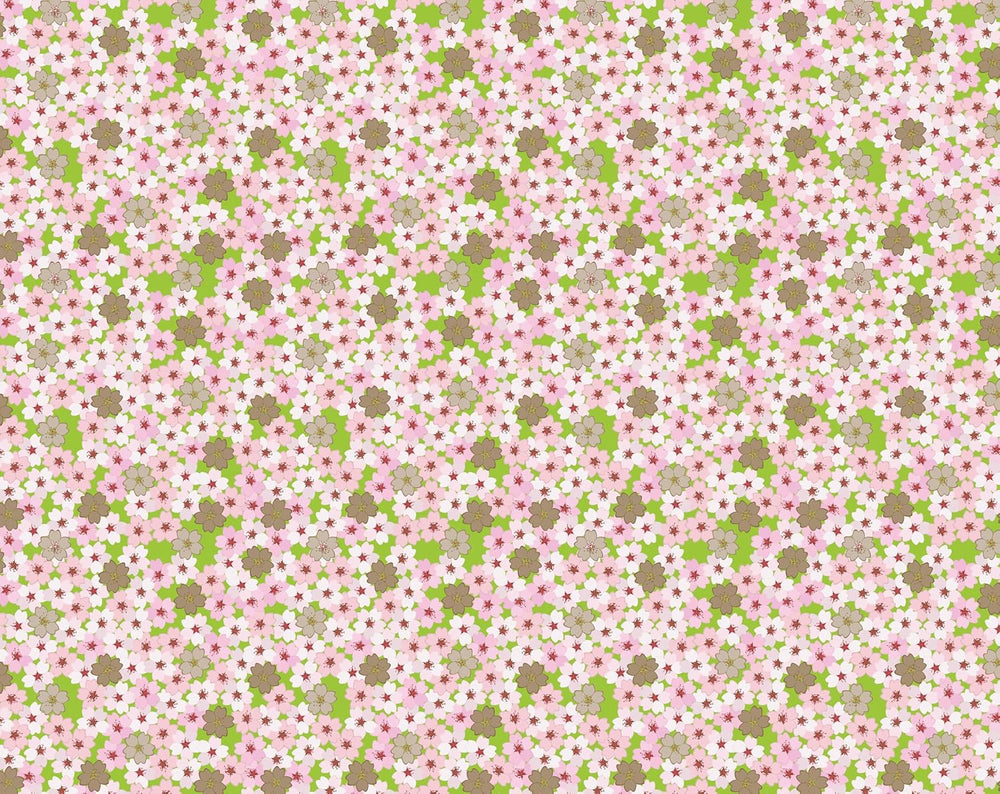 Pattern of small pink flowers and green leaves on a white background