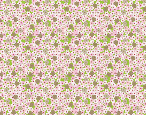 Pattern of small pink flowers and green leaves on a white background