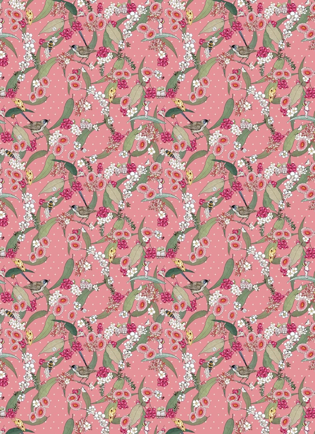 Floral and bird pattern on a pink background
