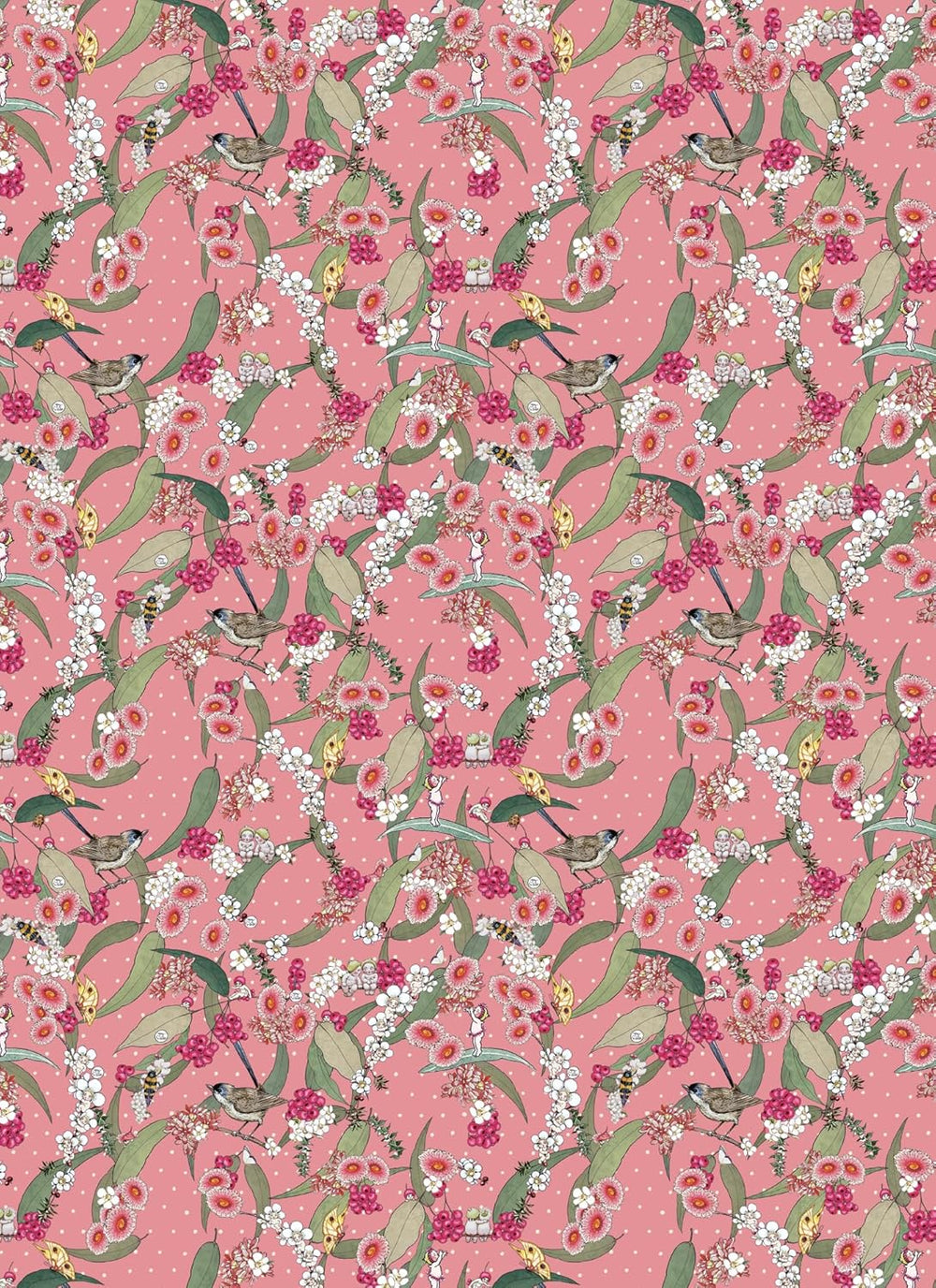 Floral and bird pattern on a pink background