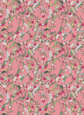 Floral and bird pattern on a pink background