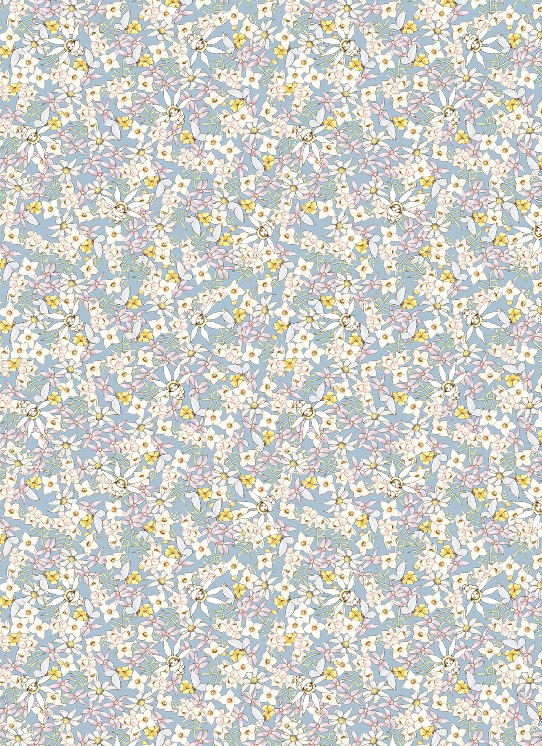 Floral pattern with small white flowers on a light blue background