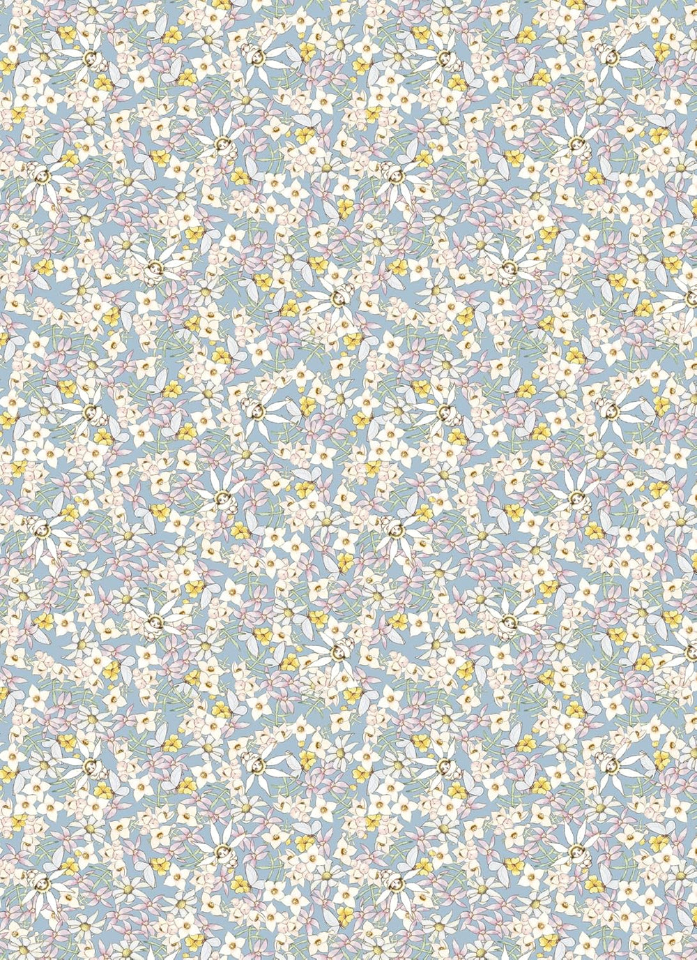 Floral pattern with small white flowers on a light blue background