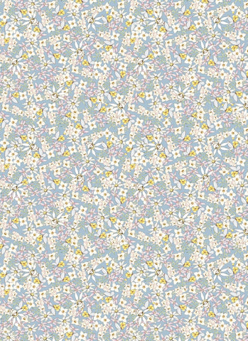 Floral pattern with small white flowers on a light blue background