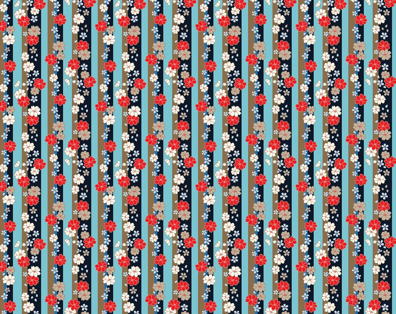 Pattern of red, white, and blue flowers on a striped background