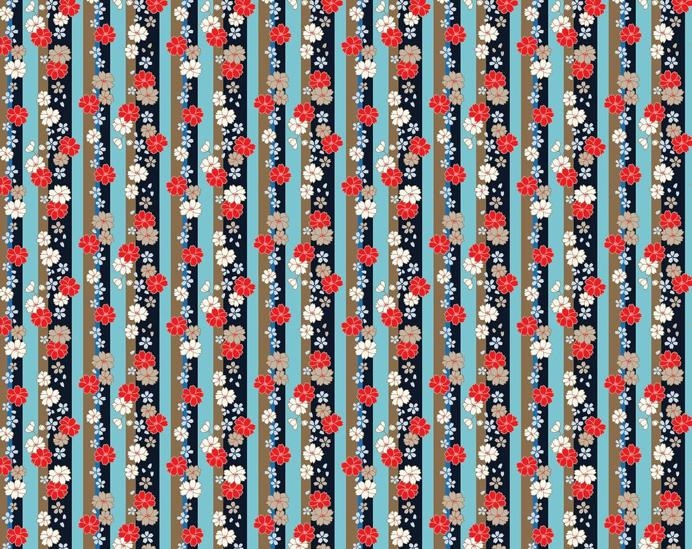 Pattern of red, white, and blue flowers on a striped background