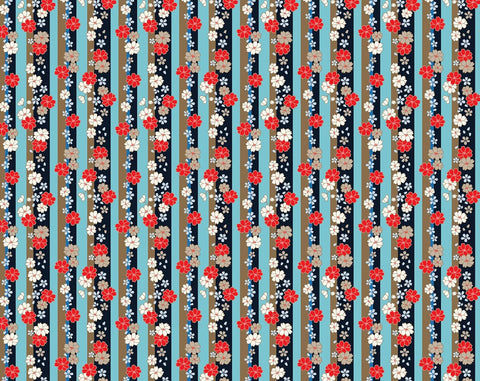 Pattern of red, white, and blue flowers on a striped background