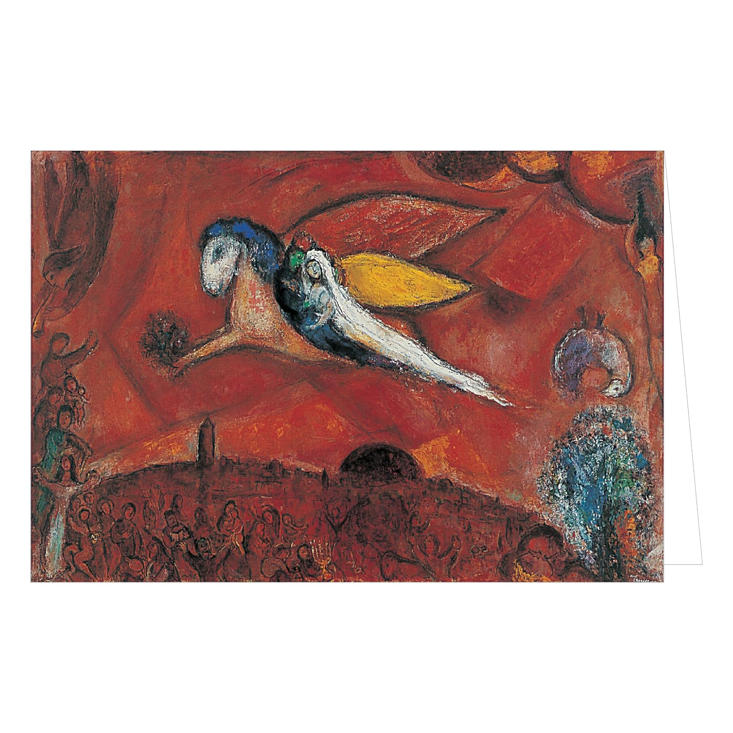 Framed artwork of a winged figure against a red background