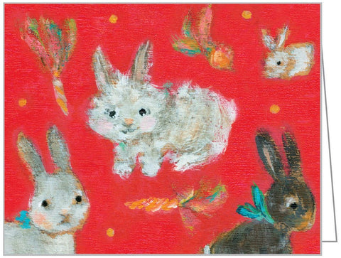 Card with cartoon rabbits and carrots on a red background