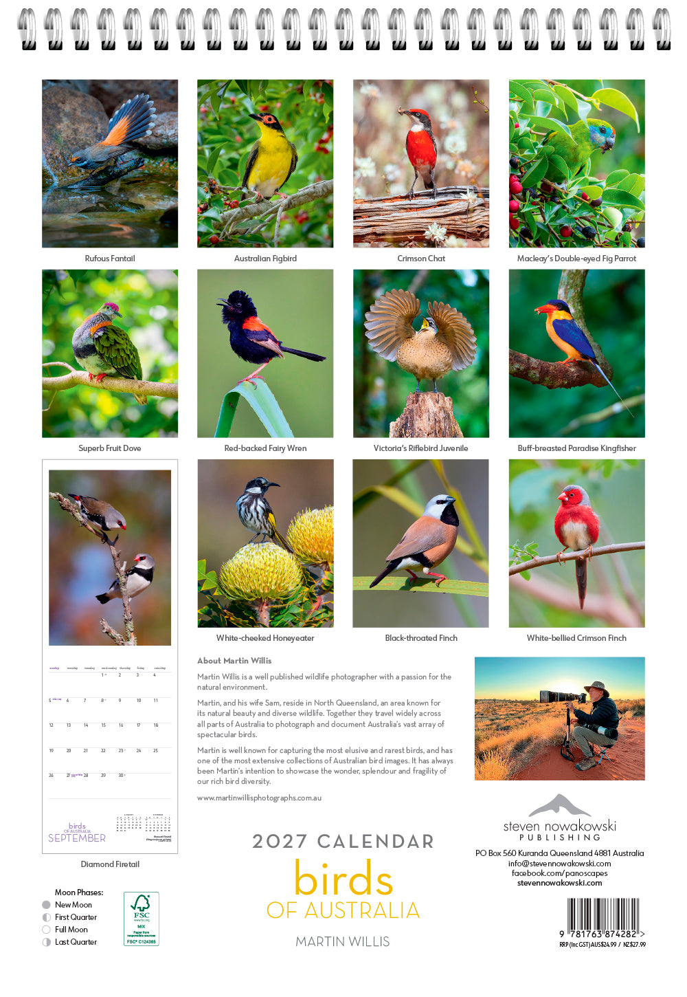 2027 calendar featuring images of birds of Australia with a spiral binding at the top.