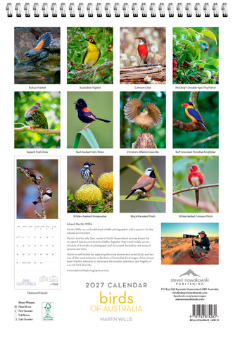 2027 calendar featuring images of birds of Australia with a spiral binding at the top.
