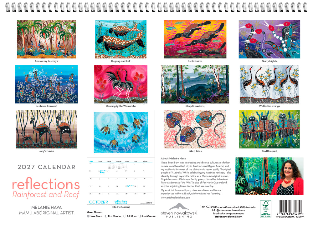 2027 calendar cover with artwork and a woman's face, featuring the brand 'Reflections'.