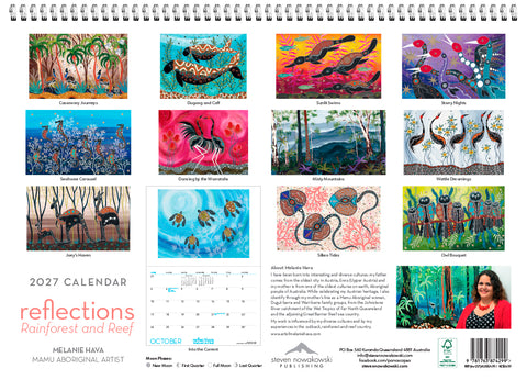 2027 calendar cover with artwork and a woman's face, featuring the brand 'Reflections'.