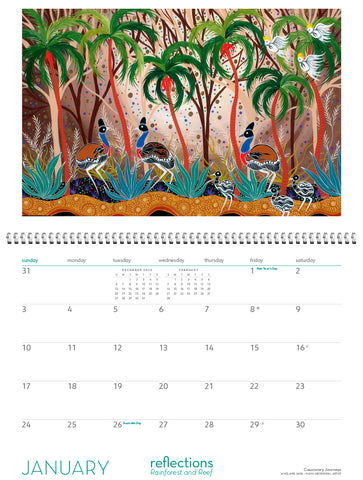 Calendar with a colorful illustration of birds and trees on a white background