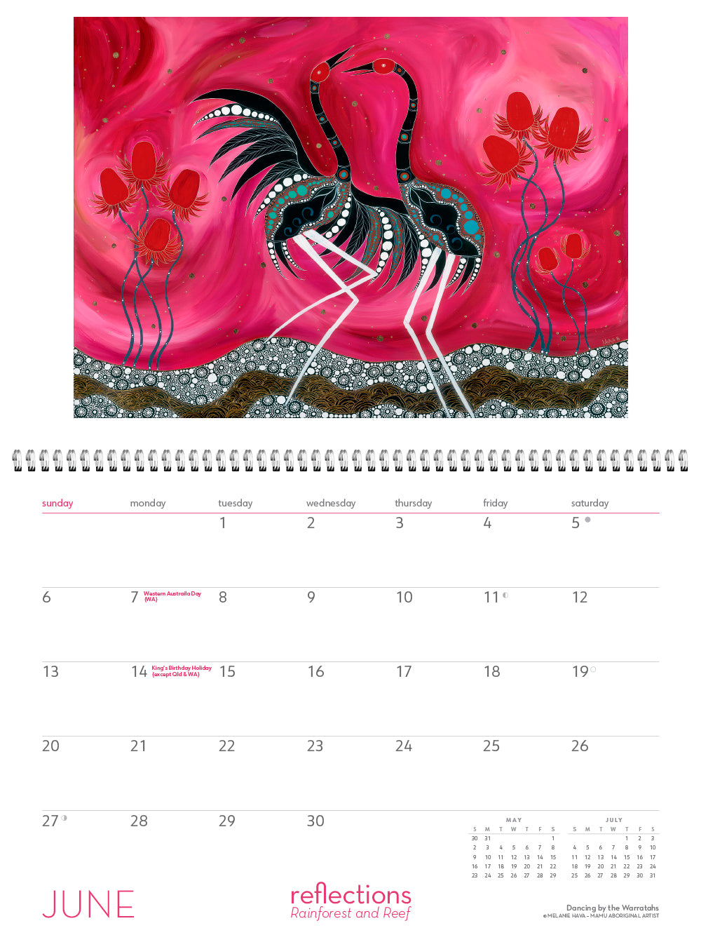 June calendar page with artowrk of 2 brolgas in pinks and greys.
