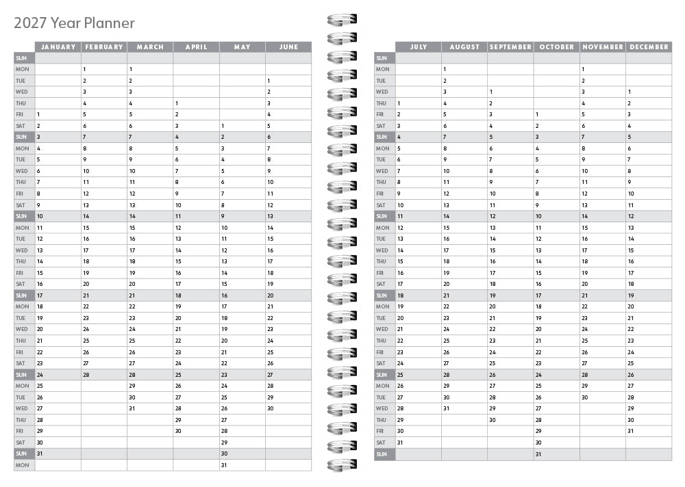 2027 year planner with monthly grid layout on a white background