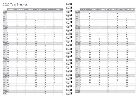 2027 year planner with monthly grid layout on a white background