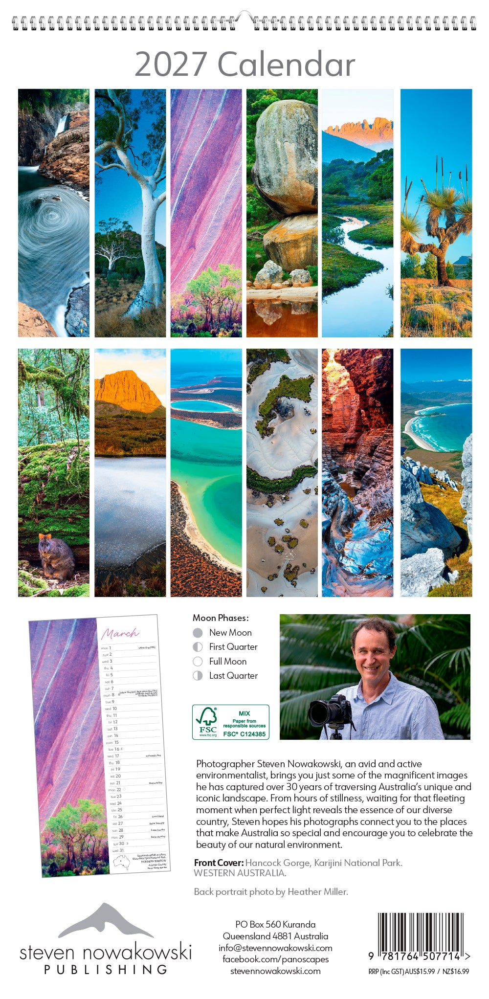 Back page of calendar with images for each month and info about photographer.
