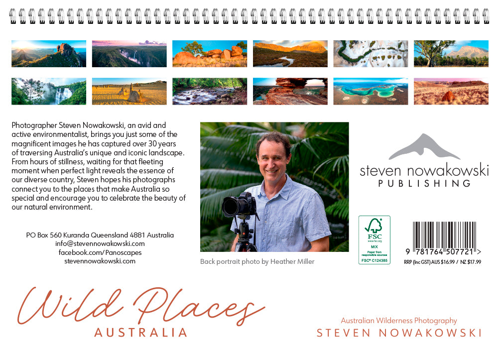 Book cover of 'Wild Places Australia' by Steven Nowakowski with images of Australian landscapes and Nowakowski's photo.