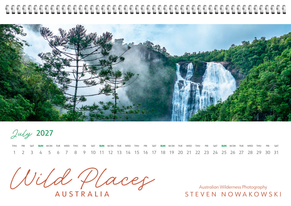 Calendar for July 2027 featuring a waterfall in a forest with 'Wild Places Australia' and 'Steven Nowakowski' text.