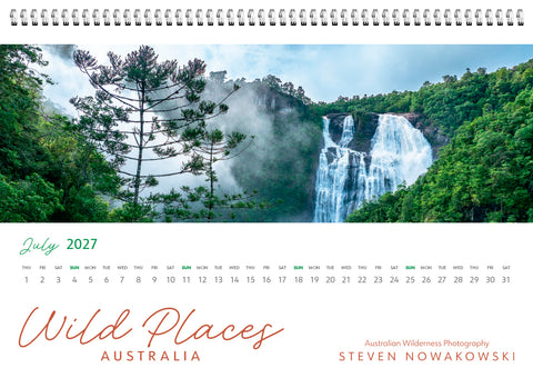 Calendar for July 2027 featuring a waterfall in a forest with 'Wild Places Australia' and 'Steven Nowakowski' text.