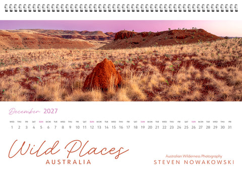 Calendar for December 2027 featuring a termite mound in a desert landscape with 'Wild Places Australia' branding.
