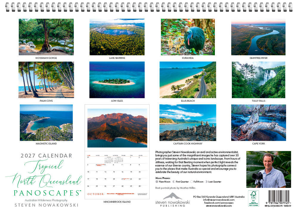 Calendar cover with scenic landscape photos and a person on a mountain.