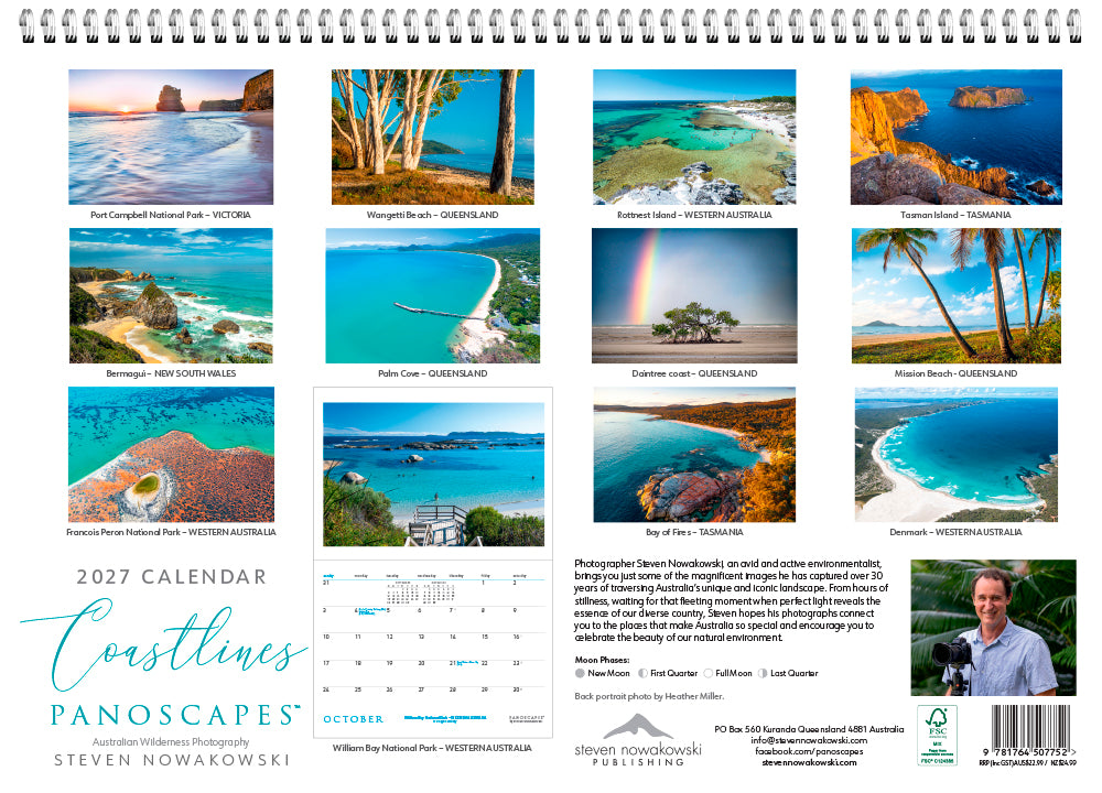 Calendar cover with coastal landscape images and a person's photo, featuring the brand 'Coastlines Panoscape'.