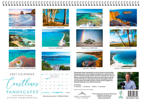 Calendar cover with coastal landscape images and a person's photo, featuring the brand 'Coastlines Panoscape'.
