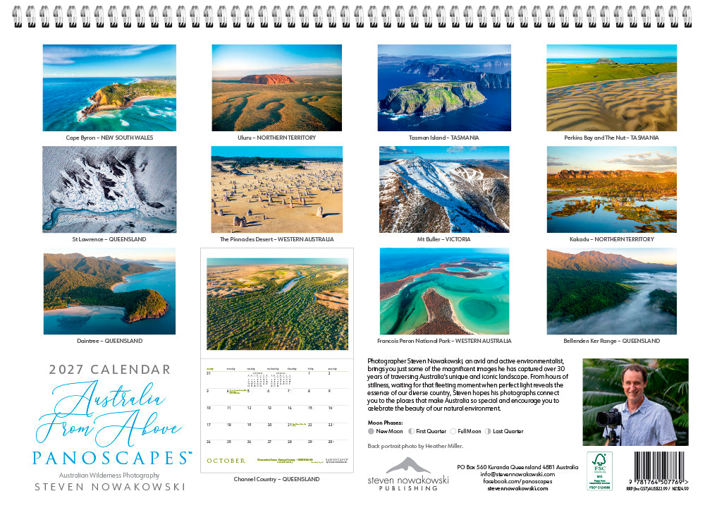 Calendar cover with aerial views of Australian landscapes and a man's face.