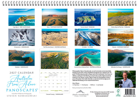 Calendar cover with aerial views of Australian landscapes and a man's face.