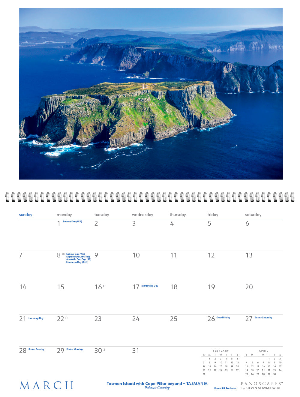March page of calendar with photo of mountainous islands in a sea.