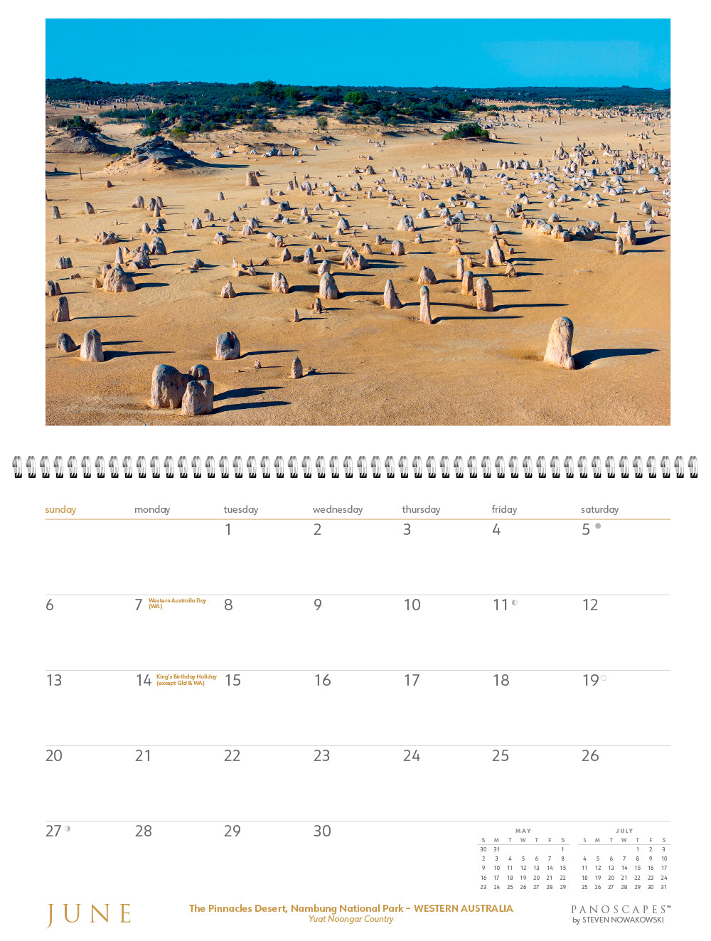 June calendar pages with an image of ant hills on a sany expanse.