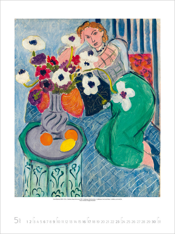 Artistic depiction of a woman arranging flowers with a colorful vase and fruit on a table.