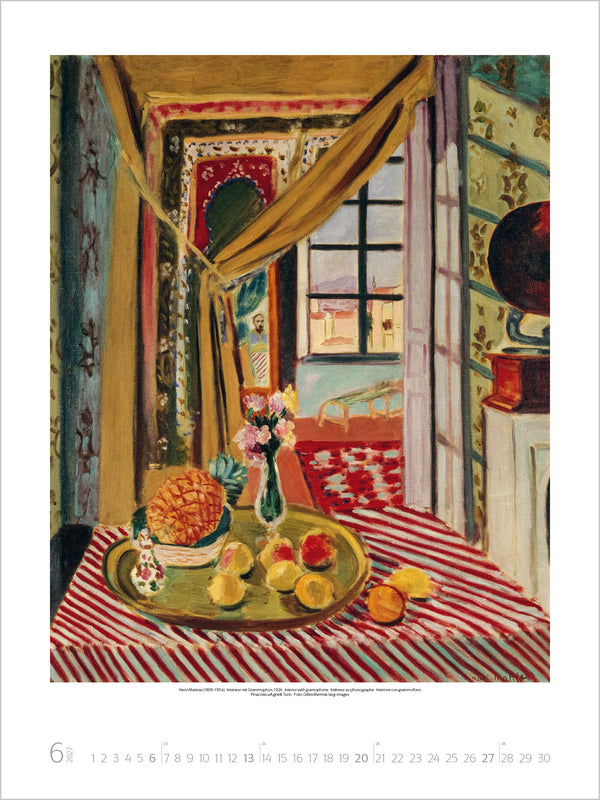 Painting of a room with a table, flowers, and fruit