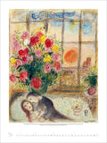 Artistic depiction of a couple embracing with flowers and a window view in the background