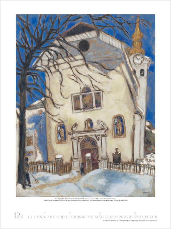 Artistic depiction of a church with snow on the ground, trees, and a blue sky.