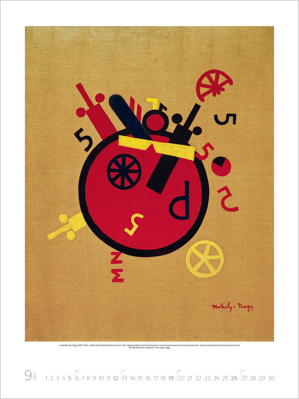 Abstract design with red, black, and yellow elements on a beige background