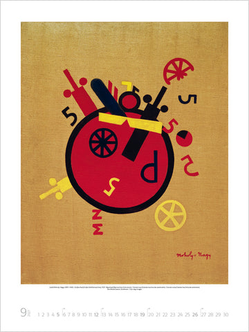 Abstract design with red, black, and yellow elements on a beige background