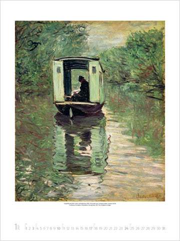 Painting of a boat on a river with a person inside, surrounded by greenery.