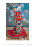 Artistic depiction of a person in traditional attire with fans and a dog, on a textured blue background.