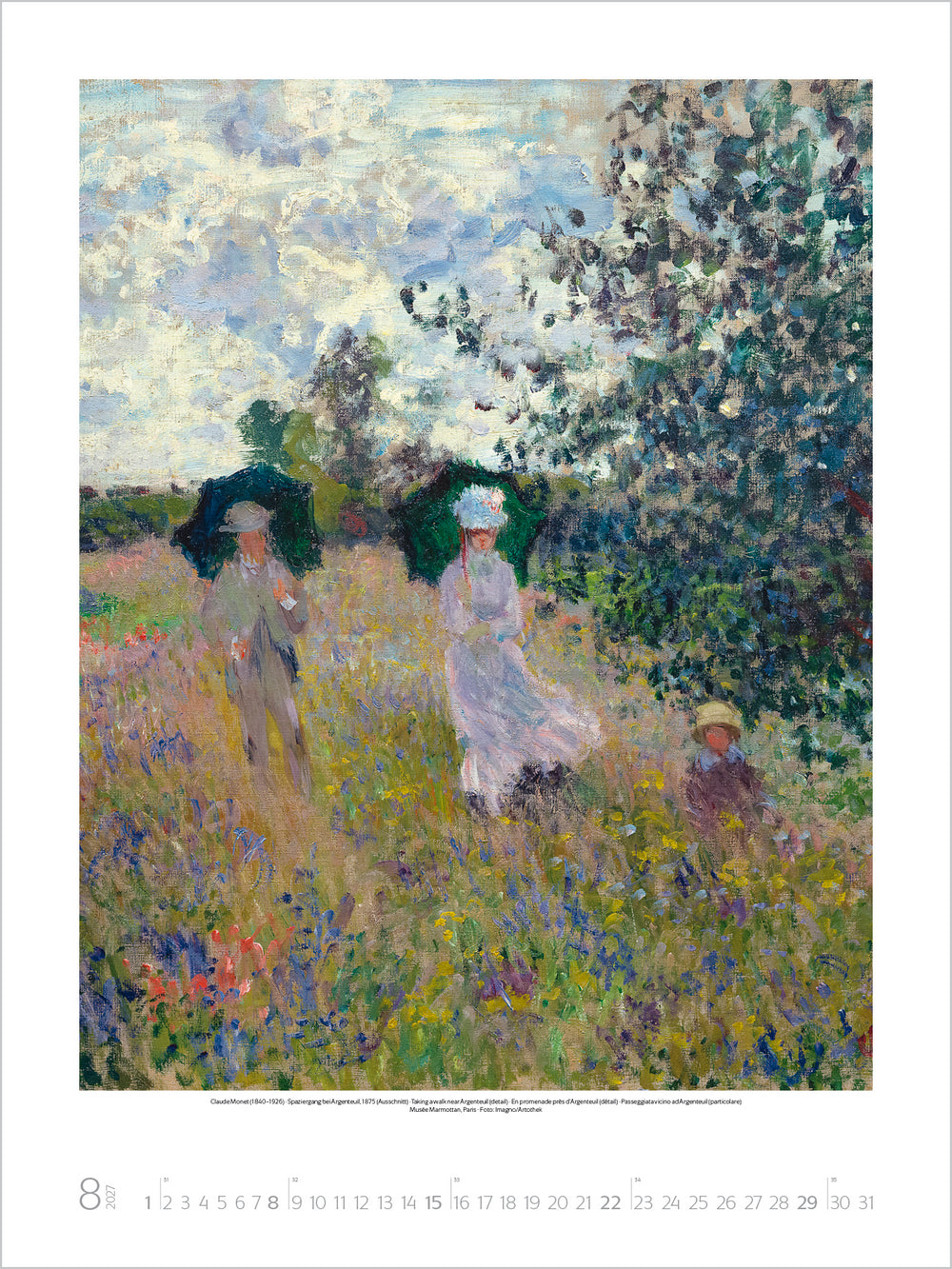 Artistic depiction of three figures in a field with flowers and trees