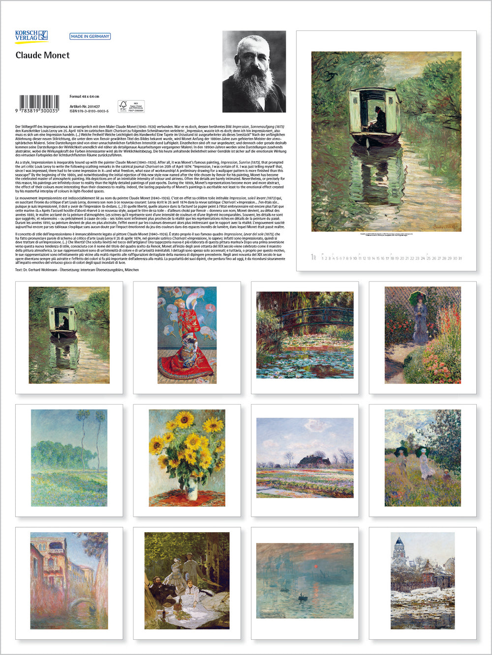 Collection of Monet's paintings with a portrait and text on a white background